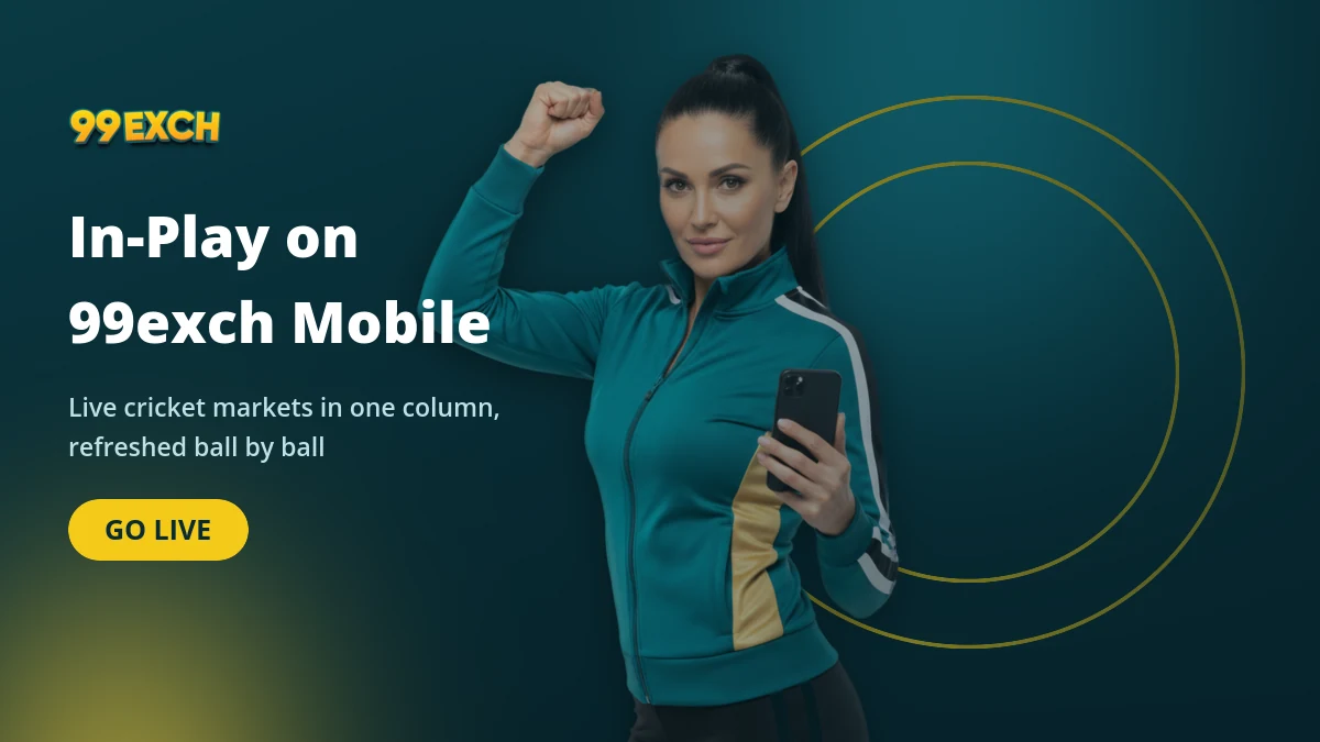 99exch mobile in-play tab banner showing live cricket markets on a phone